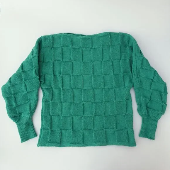 Women's Sweater S Woven Green Tight Knit Crew Neck Ribbed Long Sleeve Pullover - Picture 2 of 10